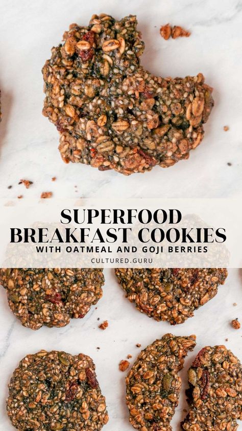 These cookies are made with nourishing oats, nuts, seeds, and goji berries for superfood breakfast cookies that are healthy and delicious! These oatmeal and goji berry breakfast cookies are perfect for a protein-rich, on-the-go breakfast. They're vegan and gluten-free and make the perfect afternoon snack too! Cupboard Recipes, Sourdough Oatmeal, Vegan Breakfast Recipes Healthy, Vegan Breakfast Recipes Easy, Healthy Vegan Cookies, Vegan Breakfast Casserole, Berry Cookies, Vegetarian Brunch, Superfood Breakfast