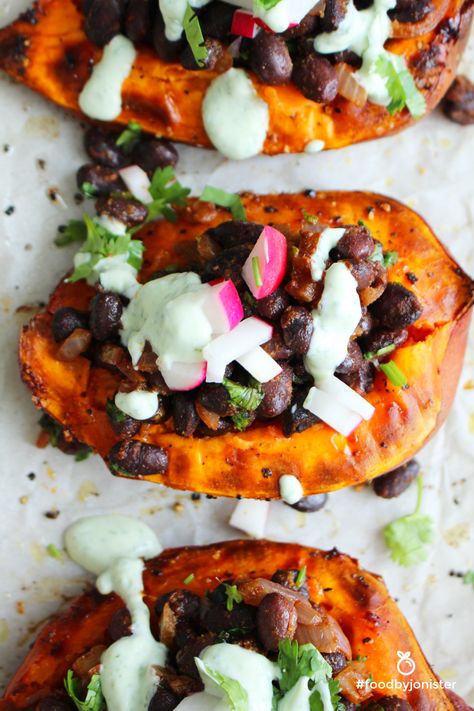 Black Bean Stuffed Sweet Potatoes Vegan Sweet Potato And Black Bean Recipes, Black Bean Stuffed Sweet Potato Recipes, Sweet Potato And Black Bean Bowl, Southwest Sweet Potato Black Bean, Sweet Potato Black Bean Enchilada Bake, Cumin Spice, Yogurt Sauce, Meatless Monday, Roasted Sweet Potatoes