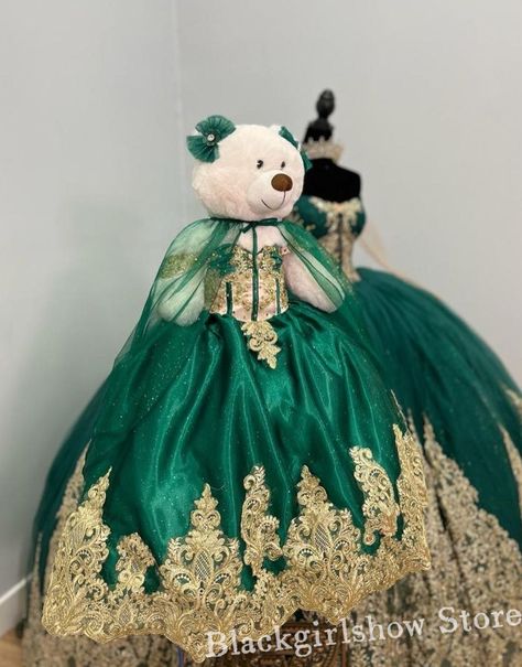 Emerald Green Quinceanera Teddy Bear Dress 2024 Luxury One Shoulder Gold Applique Strap Shawl Mini Quinceanera Dress - AliExpress 320 Mini Quinceanera Dress, Quinceanera Teddy Bear, Mini Quinceanera, Emerald Green Quinceanera, Emerald Green Quinceanera Theme, Green Quinceanera Theme, Teddy Bear Dress, Green Quinceanera, Quinceanera Dresses Gold