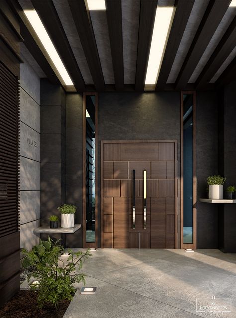 modern villa entrance on Behance Bilik Tidur Mewah, Tor Design, Meranti Wood, Arsitektur Art Deco, House Main Door, Modern Entrance Door, Main Entrance Door Design, Main Entrance Door, Modern Entry