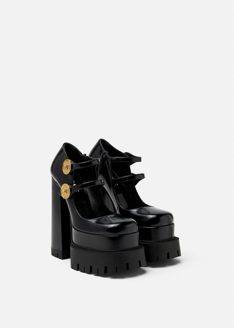 Versace Shoes Women, Medusa Aevitas Platform, Runway Design, Versace Heels, Strappy Platform Sandals, Versace Shoes, Platform Mary Janes, Platform Loafers, Leather Mary Janes