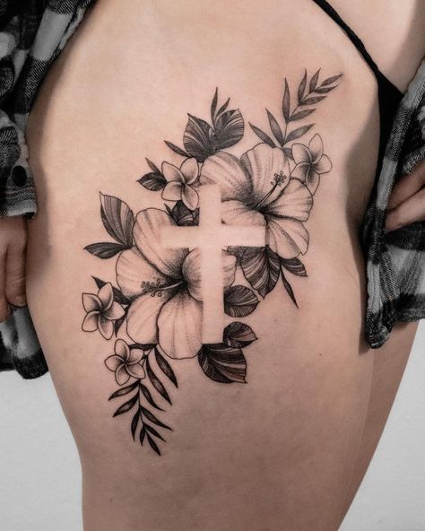 Arm Tattoos Cross, Pretty Cross Tattoo, Bicep Tattoo Women, Grace Tattoos, Inner Bicep Tattoo, Hibiscus Tattoo, Cross Tattoos For Women, Girl Arm Tattoos, Hand Tattoos For Girls