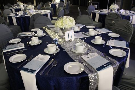 Royal Blue And Silver Table Cloth, Navy Blue Table Cloth With Silver Runner, Navy Blue Black And Silver Party Decorations, Navy Blue And Silver Dinner Table Decor, Navy And Silver Wedding Centerpieces, Navy And Silver Table Decor, Navy Blue And Silver Table Decorations, Navy Blue Black And Silver Wedding, Navy Blue And Silver Wedding Centerpieces