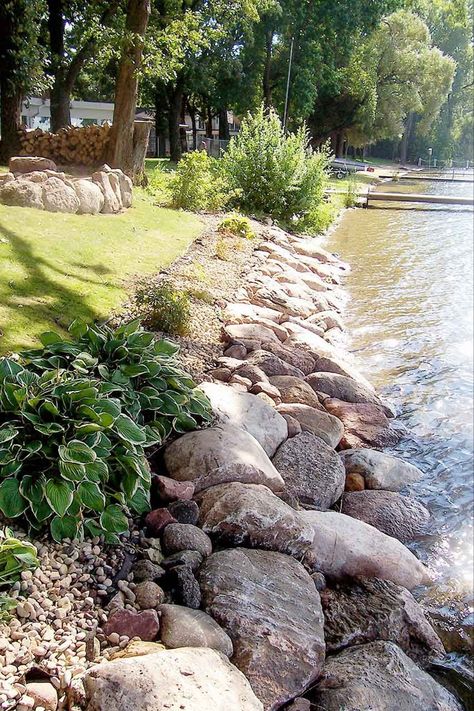 River Bank Landscaping, Lake Retaining Wall, Lake Shore Landscaping Ideas, Shoreline Landscaping, Waterfront Landscaping, Stream Landscaping, Creek Landscaping, Lake Landscaping, Waterfront House