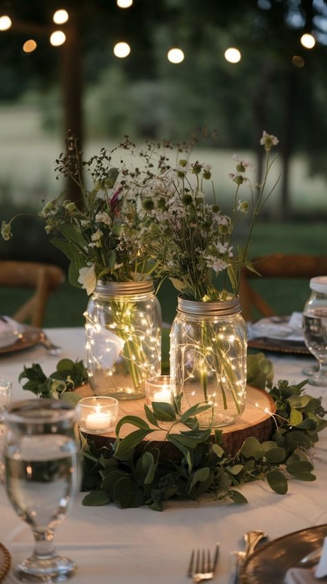 Rustic Mason jar wedding centerpiece with flowers and fairy lights. Diy Lighted Centerpieces, Fairy Lights On Table Wedding, Tea Light Mason Jar Centerpiece, Mason Jar Wedding Centerpieces Diy, Vine Centerpiece Wedding, Fairytale Wedding Diy Decor, Mason Jar Isle Decorations Wedding, Mason Jar Decorations For Weddings, Mason Jar On Wood Centerpiece