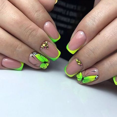 Butterfly Nail Designs, Yellow Nail, Butterfly Nail Art, Her Nails, French Acrylic Nails, Makijaż Smokey Eye, Cute Gel Nails, Butterfly Nail, Neon Nails