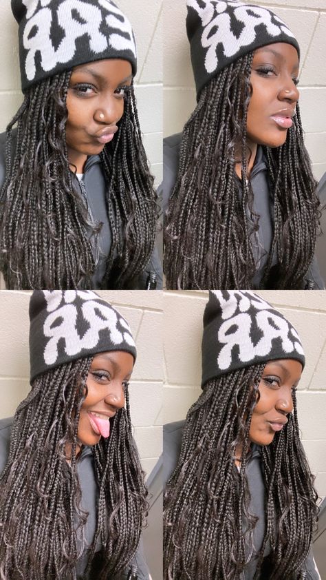 goddess braids & beanie hat Beanie Over Braids, Braids And Beanies Hair Hairstyles, Beanie With Braids Outfit, Beanie On Braids, Beanies With Braids, Beanie Braids Hairstyles, Braids With Beanie Hairstyles, Beanie With Box Braids, Locs With Beanie