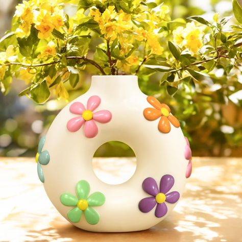 GUGUGO Colorful Cute Donut Vase for Flowers, Modern Boho Circle Flower Vase for Living Room Decor, Unique Decorative Hollow Round Flowers Vases, Eclectic Aesthetic Gardening Gifts, Pastel -  #Aesthetic #Boho #CIRCLE #Colorful #Cute #decor #Decorative #Donut #Eclectic #Flower #Flowers #Gardening #Gifts #GUGUGO #Hollow #Living #Modern #Pastel #Room #Unique #Vase #Vases Yellow And Purple Decor, Donut Flower, Abstract Room Decor, Funky Eclectic Decor, Funky Vases, Vase For Living Room, Donut Vase, Living Room Decor Unique, Aesthetic Gardening