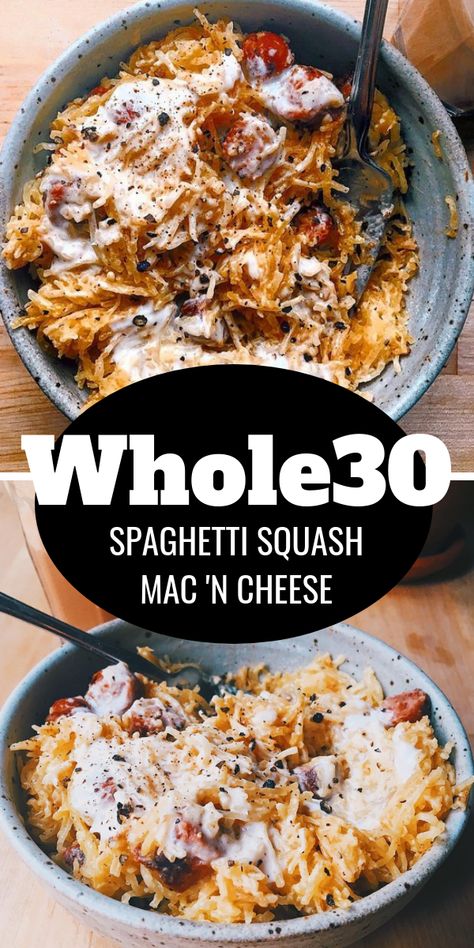 Whole30 low calorie mac 'n cheese made with spaghetti squash and cashew coconut cheese sauce. Feelin' like a kid again with this healthy bowl of paleo noodles, hot dogs, and cheese sauce. #paleo #pasta #whole30 Paleo Noodles, Mini Hotdogs, Whole30 Recipe, Paleo Pasta, Paleo Menu, Parmesan Cheese Sauce, Whole30 Dinners, Whole 30 Diet, Spaghetti Squash Recipes