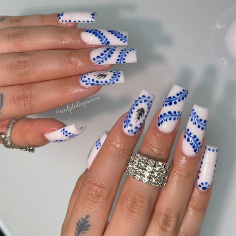 Set is inspired by the Clase Azul tequila. Blue and white nails. Clase Azul Inspired Nails, Clase Azul Nails French, Tequila Nails, Clase Azul Nails, Azul Nails, Azul Tequila, Blue And White Nails, Color Design Inspiration, Long Acrylic