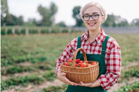 Holding A Basket Reference, Holding Basket Pose Reference, Holding Basket Pose, Harvesting Strawberries, Woman Holding Basket, References Drawing, Farm Photos, Drawing Help, Farmer Girl