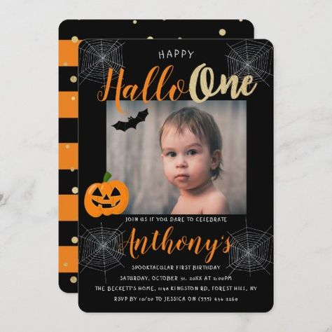 $3.16 | Happy Hallo-one Halloween 1st Birthday Photo | Halloween Birthday Invitations | first birthday, halloween, happy hallo-one, spiders cobwebs, pumpkin, jack-o' lantern, flying bat, orange and black, 1st birthday photo, modern gold foil Halloween First Birthday, Halloween 1st Birthdays, Pumpkin 1st Birthdays, 1st Birthday Photo, Flying Bat, Halloween Birthday Invitations, Photo Birthday Invitations, 1st Birthday Photos, Halloween 1