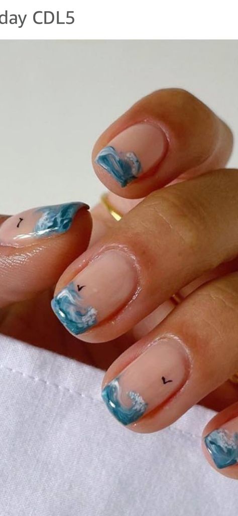 Nails With Waves, Fake Nails Square, Beach Themed Nails, Cruise Nails, Fast Nail, Wave Nails, Beachy Nails, French Tip Press On Nails, Waves Design