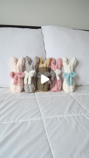 Sabrina-Rose Benedict on Instagram: "Bunny stuffies are now available to order! The perfect little stuffie to add to an Easter basket 😍   🔗 is in my bio to purchase!   #sabsstuffies #chunkyknit #chunkyyarn #chunkyhandknitblanket #chunkyblanket #chunkyhandknit #largeblanket #blanket #handmade #shopsmall #shoplocal #bee #bees #stuffedanimalbee #plushie #crochet #crochetplushies #plushies #nurserydecor #nursery #market #craftfair #maker #vendor #smallbusiness #howto #diy #crafts #tutorial" Blanket Yarn Plushies, Yarn Plushies, Knit Bunny, Chunky Hand Knit, Plushie Crochet, Hand Knit Blanket, Chunky Blanket, Blanket Handmade, Blanket Yarn