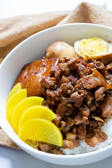 Instant Pot Taiwanese Braised Pork Rice Bowl - The Floured Camera Braised Pork Rice, Pork With Rice, Instant Pot Asian Recipes, Dried Tofu, Pork Belly Slices, Braised Pork Belly, Quick Stir Fry, Braised Pork, Bean Curd