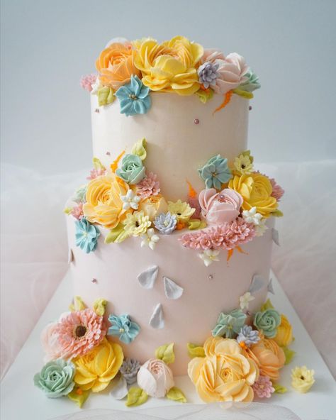 Two Tier Cake Decorating Ideas, 2 Tier Floral Cake, 3 Tier Cake Designs, Colourful Birthday Cake, Birthday Cake 2 Tier, Two Tier Birthday Cake, 2 Tier Birthday Cake, Tiered Birthday Cake, Cake 2 Tier