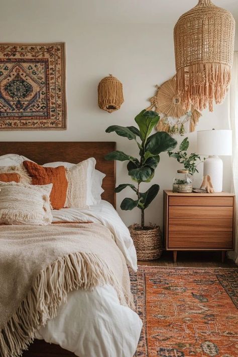 "Transform your bedroom into a bohemian haven with Modern Boho Decor! 🛏️🌿 Ideal for creating a space that’s both stylish and cozy. 🌿✨ #ModernBohoStyle #BedroomInspo #BohoChic" Boho Dark Wood Bedroom, Boho Wood Bedroom, Vintage Modern Boho Decor, Cozy Modern Boho Bedroom, Boho Mcm Bedroom, Desert Aesthetic Bedroom, Simple Boho Bedroom, Boho Modern Bedroom, Modern Boho Bedroom Decor