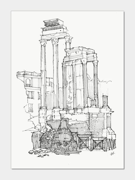 Aedes Vesta, Rome, Italy Classical Architecture and Ruins Pen Drawing - Etsy Belgium Rome Drawing, Ruins Architecture, City Sketch, Roman City, Roman Forum, Cool Car Drawings, Roman Architecture, Italy Print, Architectural Prints