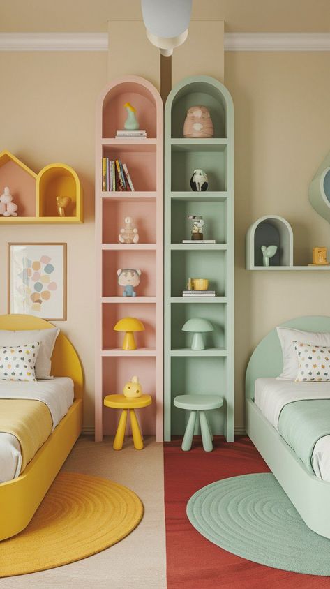 kids shared bedroom with yellow and pastel green theme. two separate beds. 2 Beds In One Small Room Ideas, Split Kids Bedroom, Two Girls Sharing A Room Ideas, Brother And Sister Shared Room Ideas, Minimalist Shared Bedroom, Sister Bunk Beds Bedroom Ideas, Girls Bedroom 2 Beds, Kids Shared Room Ideas Boy And Girl, Baby Boy And Girl Shared Room