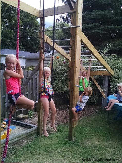 Backyard American Ninja Warrior Obstacle Course Is Fun For All Ages, By Girl Meets Carpenter Featured On @Remodelaholic Backyard Playground Ideas, American Ninja Warrior Obstacles, Kids Ninja Warrior, Ninja Course, Backyard Obstacle Course, Backyard Gym, Ninja Warrior Course, Backyard Playset, Playground Ideas