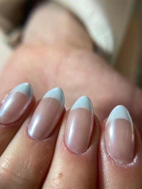 Pale Blue Tips Nails, Light Blue French Tip Chrome, Baby Blue Chrome French Tip Nails, Blue French Tip Nails With Chrome, Aqua French Tip Nails, Duck Egg Blue Nails, Blue Chrome French Tip Nails, Baby Blue Chrome Nails, Baby Blue Chrome