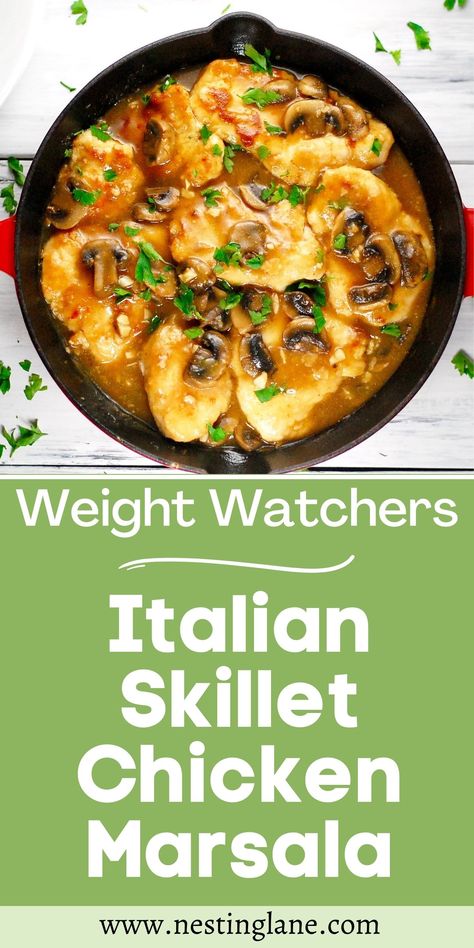 Indulge in the delightful Weight Watchers Italian Skillet Chicken Marsala - a guilt-free blend of nutritious ingredients and Italian flavors. Enjoy perfectly seasoned, golden-seared chicken simmered in a delectable Marsala wine sauce with tender mushrooms. Ideal for those on Weight Watchers, this low-fat dish pairs well with a side of steamed vegetables, a crisp green salad, or whole grain pasta. Discover this easy-to-make, crowd-pleasing dinner. Ww Chicken Marsala, Ww Chicken Marsala Recipe, Weight Watchers Chicken Marsala, Weight Watchers Chicken Marsala Recipe, Italian Chicken Breast Recipes, Italian Skillet, Flavorful Chicken Breast Recipes, Chicken Recipes With Tomatoes, Low Fat Chicken Recipes