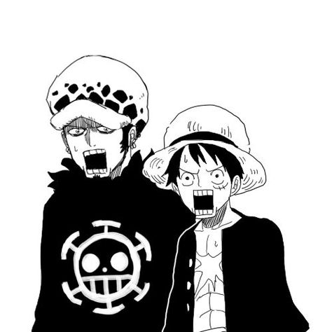 Luffy and Trafalgar Law surprised Law Luffy, Black And White One Piece, One Piece Meme, One Piece Ship, One Piece Funny, One Piece Drawing, One Piece Images, One Piece Comic, One Piece Pictures