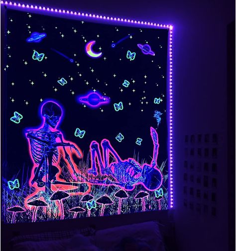 PRICES MAY VARY. 100% Lightweight Polyester 💀Amazing Design: UV / Black light reactive, designed with vivid and vibrant colors, this trippy skull tapestry is amazing and looks even more trippy with blacklights. With special ink and advanced print tech, we proudly make this UV / black light reactive tapestry. When the night come, just turn on your UV / black light and it will glow go. 💀Premium Quality: 100% lightweight polyester with hand-sewn finishes which is soft, durable, skin-friendly, lig Black Light Aesthetic, Blacklight Room, Trippy Skull, Skull Tapestry, Mushroom Moon, Blacklight Tapestry, Bedroom Stuff, Uv Black Light, Dark Wall