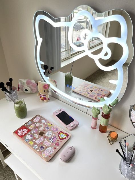 Cute Vanity Mirror, Boujee Bedroom Ideas, Hello Kitty Vanity, Vanity Hello Kitty, Vanity Mirror With Led Lights, Bedroom Led Lights, Neon Mirror, Cute Vanity, Bio Aesthetic