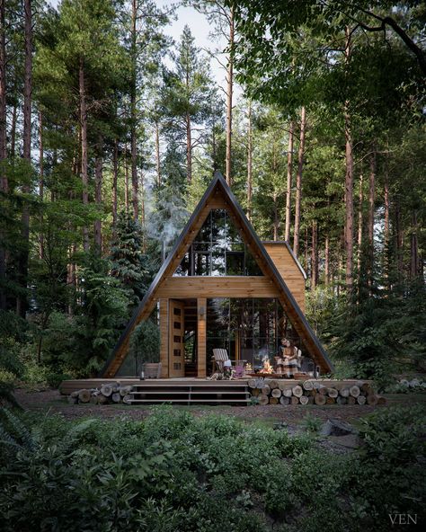 Triangle House, A Frame Cabins, Forest Cottage, Chalet Design, Forest Cabin, Frame Cabin, A Frame House Plans, A Frame Cabin, A Frame House