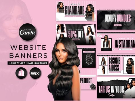 Pink DIY Hair Web Banners | Hair Boutique Web Banners | Hairstylist Shopify Wix Banners | Beauty Hair Branding | Pink And Black Banner, Wigs Business, Pink Black Hair, Hair Website, Luxury Aesthetics, Pink And Black Hair, Pink Diy, Black Banner, Hair Boutique