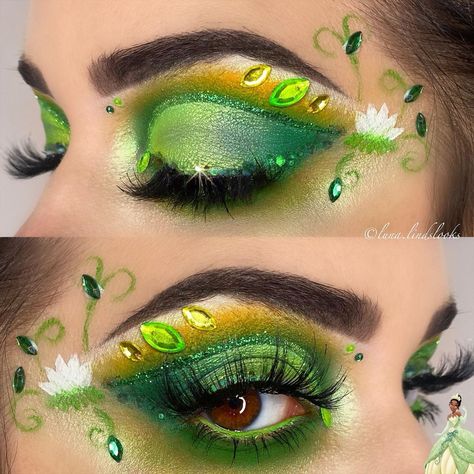 Tiana Eye Makeup, Princess And The Frog Inspired Makeup, Tiana Inspired Makeup, Princess And The Frog Makeup, Tiana Makeup Look, Princess Tiana Makeup, Disney Makeup Looks, Cheap Long Bridesmaid Dresses, Disney Princess Makeup