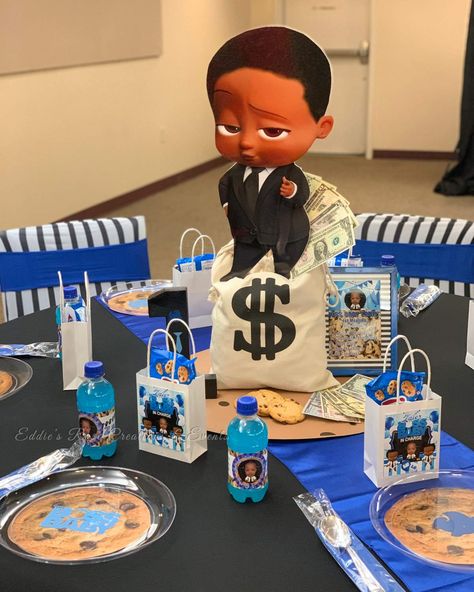 Boss Baby 1st Meeting  | CatchMyParty.com Boss Baby Table Decorations, Boss Baby Theme Party Decorations, Boss Baby Centerpieces, Baby Birthday Party Ideas, Boss Baby Birthday Party, Boss Baby Party, Baby Table, Party Food Themes, Baby Theme