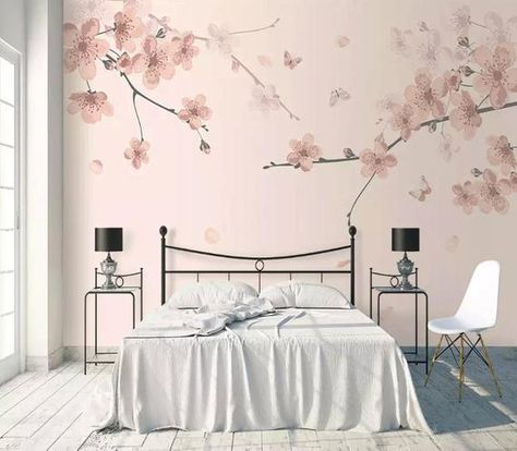 Floral Wallpaper Sakura Flower Wall Mural Cherry Blossom Wall | Etsy Cherry Blossom Wall Art, Adhesive Wall Art, Nursery Wallpaper, Wallpaper Mural, Textured Wallpaper, Traditional Wallpaper, Bed Room, Self Adhesive Wallpaper