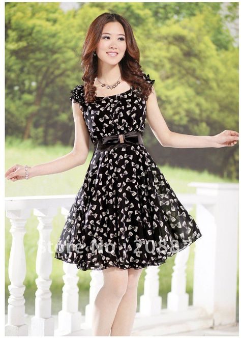 fashion summer chiffon slim dress with bowknot short sleeve 1pcs free ship on AliExpress.com. $20.00 Short Frock Fashion, Short One Piece Dress, Short Frocks, Frock Fashion, Frock For Women, Sleeves Designs For Dresses, Korean Fashion Dress, Woman Style, Frocks For Girls