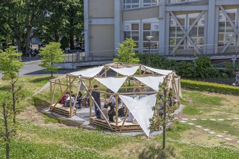 Gathering Space Architecture, Reading Pavilion, Japan University, Japanese University, Keio University, Wooden Pavilion, Hangout Spot, Pavilion Architecture, Yokohama Japan