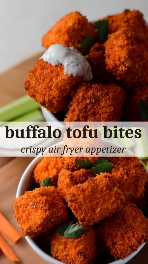 Air Fryer Bites, Crispy Buffalo Tofu, Tofu Air Fryer, Vegan Ranch Dip, Tofu Bites, Tofu Recipes Healthy, Buffalo Tofu, Tofu Recipes Easy, Tofu Recipes Vegan