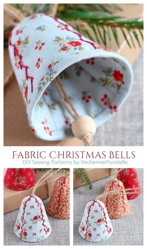 DIY Fabric Christmas Bells Sewing Patterns | Fabric Art DIY Fabric Art Diy, Fabric Christmas Decorations, Sewn Christmas Ornaments, Sewing Christmas Gifts, Christmas Sewing Projects, Fabric Christmas Trees, Fabric Sewing Patterns, Christmas Tree Decorations Diy, Quilted Christmas Ornaments