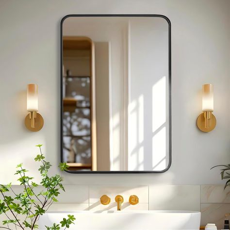 Amazon.com: Bathroom Mirror, Vanity Mirrors for Over Sink Wall, 22x30 Inch Large with Rounded Rectangle Metal Frame, Modern Decorative for Restroom, Farmhouse, Horizontally or Vertically Hanging : Home & Kitchen Matte Black Bathroom Mirror, Warehouse Bathroom, Bathroom Round Mirror, Hangar Office, Mirrors And Lights, Cycle Studio, Black Bathroom Mirror, Masculine Bathroom, Bathroom Mirror Design