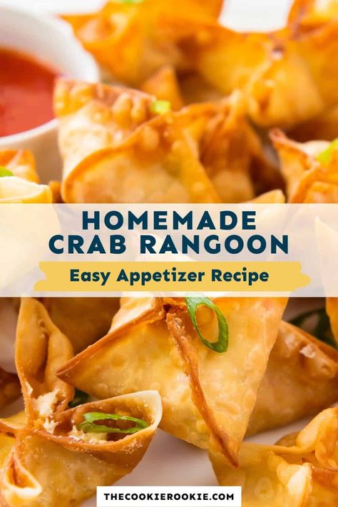 This crab rangoon recipe is the perfect sharing appetizer. Seasoned crab meat and cream cheese is wrapped in wontons before being deep fried for a perfectly crispy bite. Homemade Crab Rangoon, Crab Wontons, Crab Sushi, Rangoon Recipe, Crab Rangoon Recipe, Sushi Roll Recipes, Cream Cheese Wontons, Wonton Recipes, The Cookie Rookie