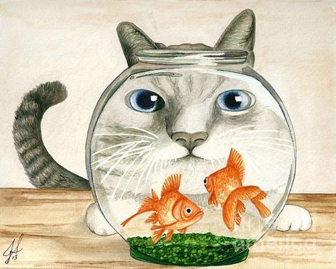 Greeting Card Painting, Sketch Photography, Goldfish Art, Card Painting, Paintings Tutorials, Animal Illustration Art, Funny Emoticons, Fish Fish, Cat Bowl