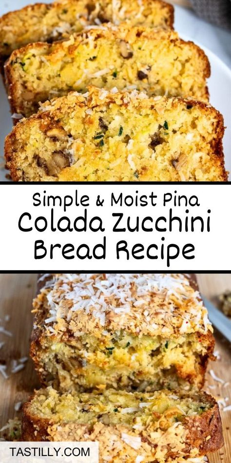 Immerse yourself in the flavors of the tropics with this Pina Colada Zucchini Bread Recipe. Coconut, pineapple, and rum magically mask the flavor of zucchini in this easy-to-make loaf that’ll have your family and guests asking for seconds. Perfect for picky eaters, you can sneak in their veggies in a sweet treat! Pina Colada Zucchini Bread Recipes, Pina Colada Zucchini Bread, Copycat Recipes Desserts, Christmas Breads, Zucchini Carrot, Beautiful Bread, Bread Sweet, Breakfast Recipies, Zucchini Bread Recipe