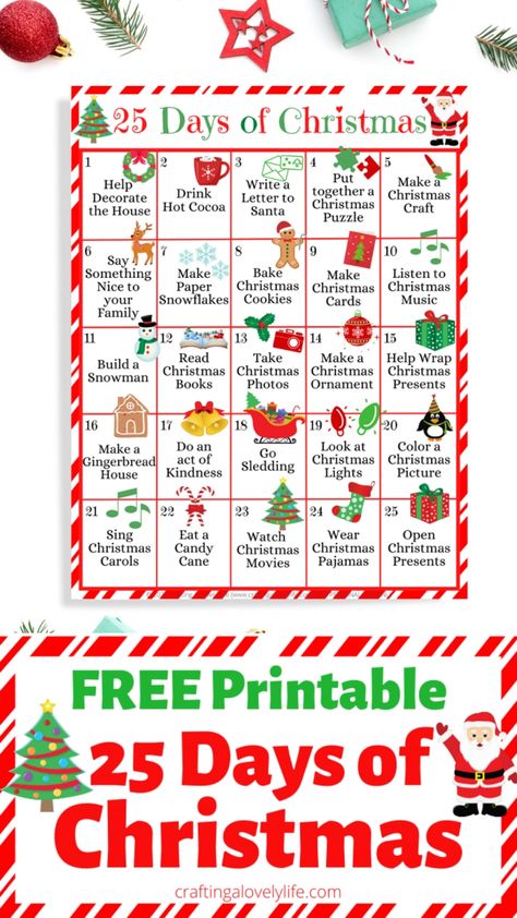 This 25 Days of Christmas Printable is sure to be a huge hit with the whole family! Celebrate the entire month of December with these fun Christmas activities! Christmas Activities for Kids | Christmas Fun for Kids | Free Printable | Merry Christmas | Printable Christmas | Christmas Activities for Kids | Printable for Preschool | Homeschool Printable | Christmas Printable Free Christmas Countdown Printable, Christmas Challenges For Kids, Month Of December Activities, Christmas Holiday Activities For Kids, Christmas Countdown Activities For Kids, Christmas Rotations For Kids, December Christmas Activities, Countdown To Christmas Activities, 25 Days Of Christmas Activities For Kids