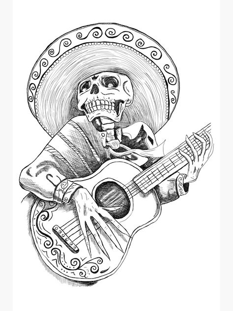 Skeleton With Sombrero Tattoo, Mexican Sketches, Skeleton Playing Guitar Tattoo, Mexican Skull Drawing, Mariachi Drawing, Mexican Skeleton Tattoo, Tattoo Ideas Mexican, Mexican Drawings Sketches, Sombrero Tattoo