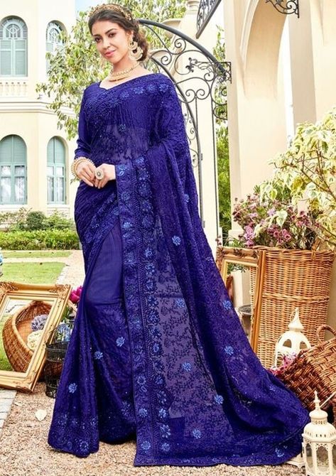 Royal Blue Resham Embroidered Chiffon Saree Lucknowi Chikankari Saree, Chikankari Saree, Red Bridal Dress, Celebrity Gowns, Lucknowi Chikankari, Indian Designer Sarees, Embroidered Chiffon, Designer Sarees Online, Pretty Blouses