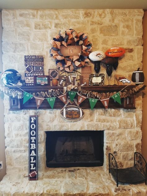 Football Mantel Decor, Fall Football Mantle Decor, Football Season Decor Diy, Fall Football Decor Ideas For The Home, Fall Football Front Porch Decor, Football Mantle Decor, Football Front Porch Decor, Football Season Decor, Football Mantle