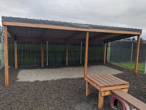 Lean To Dog Shelter, Shaded Area For Dogs, Dog Run With Roof, Dog Shade Ideas Backyards Diy, Diy Dog Shade Outdoors, Dog Sanctuary Ideas, Dog Shelter Ideas Outdoor, Dog Shade Ideas Backyards, Dog Daycare Ideas