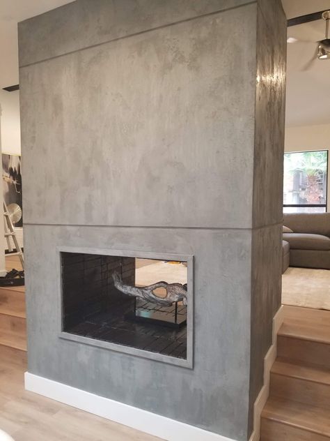 Venetian Plaster Fireplace Makeover Concrete Look Modern Fireplace Fireplace Inspiration Venetian Plaster Fireplace, Fireplaces Makeover Modern, Concrete Fireplace Surround, Plaster Fireplace, Diy Fireplace Makeover, Room Colours, Mantle Ideas, Venetian Plaster Walls, Brick Fireplace Makeover