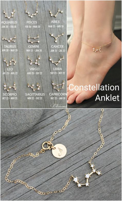 Constellation ANKLET Cubic zirconia diamonds 14k gold | Etsy Zodia Pești, Simpul Dasi, Embossed Jewelry, Ankle Bracelet, Diy Schmuck, Girly Jewelry, Ankle Bracelets, Cosmopolitan, Cute Jewelry