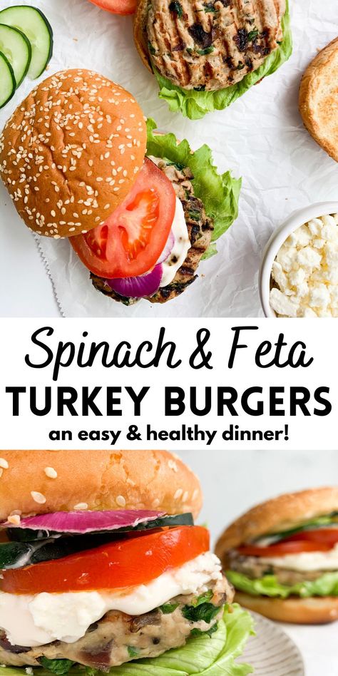 Spinach & Feta Turkey Burgers are perfect for a summer barbecue, an easy weeknight dinner, or even meal prep! These greek inspired burgers are stuffed with salty crumbled feta cheese, sweet caramelized onion, and fresh chopped spinach. They’re healthy, deliciously juicy, and bursting with flavor. A true turkey burger game changer! Spinach Feta Turkey Burgers, Turkey Feta Burgers, Healthy Burger, Turkey Burger Recipes, Spinach Feta, Healthy Turkey, Easy Weeknight Dinner, Turkey Burger, Caramelized Onion